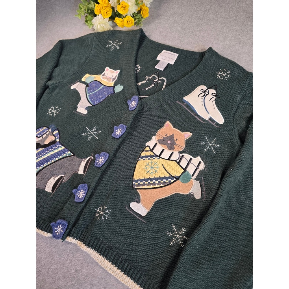Vtg Christopher & Banks Green Ice Skating Cats Cardigan Sweater Embroidered M - Picture 3 of 13